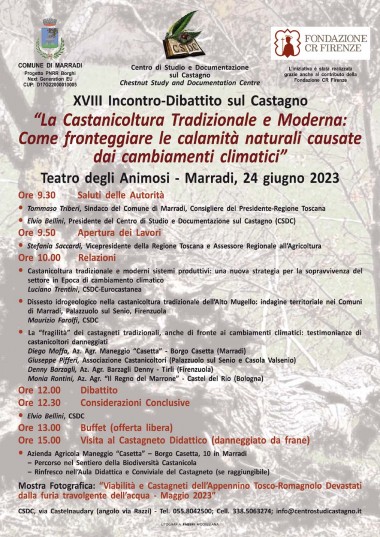 Locandina - XVIII Incontro-Dibattito sul Castagno  “La Castanicoltura Tradizionale e Moderna: Come Fronteggiare le Calamità Naturali Causate dai Cambiamenti Climatici”